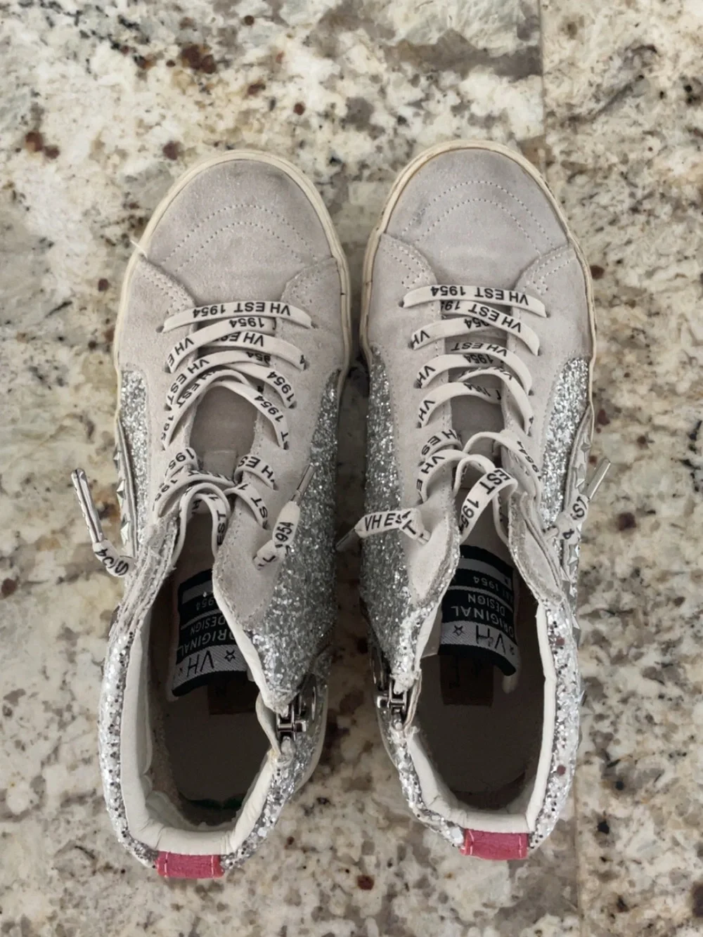 Silver Glitter High-Top Sneakers with Pink Heel